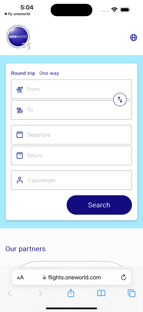 Fly Oneworld - Flight search interface in the Fly Oneworld app showing fields for origin destination and travel dates