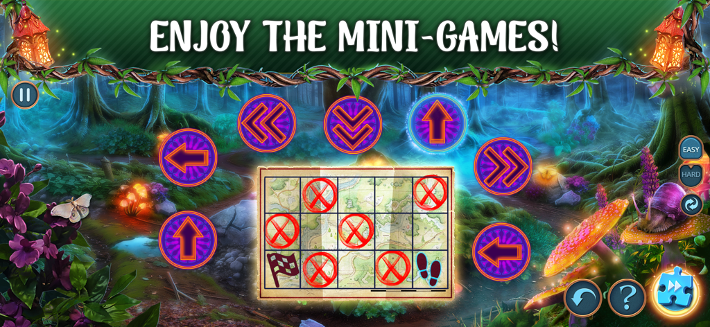 Hidden Objects: Mystic Woods - Una interfaz de puzle de minijuego de lógica ambientada en un bosque encantado del juego Objetos Ocultos Bosque Místico.