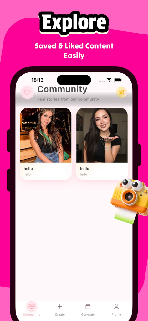 Vinee app interface for exploring community stories and saved content.