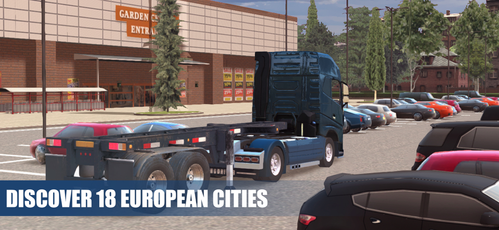 Truck Simulator PRO Europe - A blue truck parked in a city parking lot in front of a garden center entrance in Truck Simulator PRO Europe