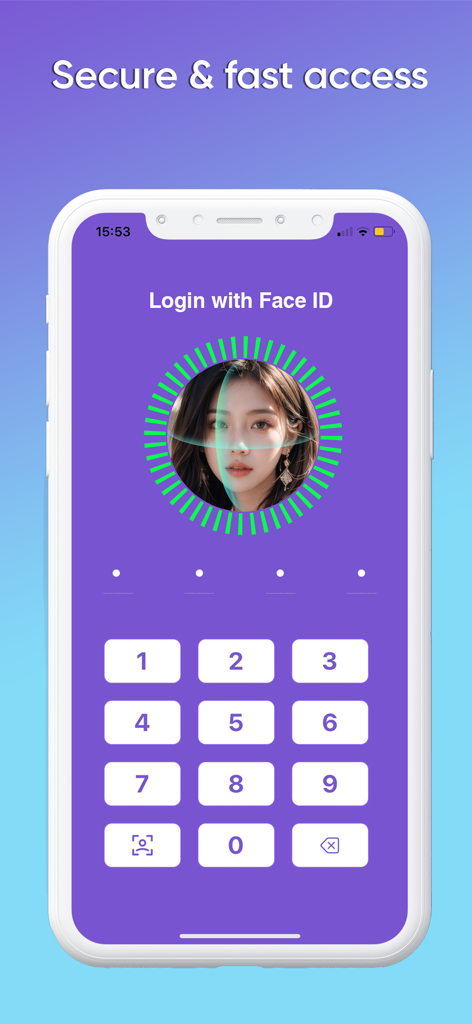 Tela de login segura do aplicativo Photo Vault com escaneamento Face ID e teclado numérico para acesso privado