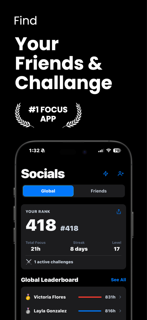 FocusDown: Flip & Focus Timer - FocusDown app social screen showing global leaderboard rankings and user focus statistics