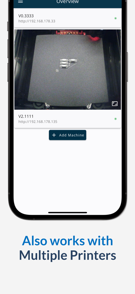 Mobileraker - Klipper UI - Interface do aplicativo móvel Mobileraker mostrando uma lista de várias impressoras 3D e um feed de câmera ao vivo de uma impressão em andamento