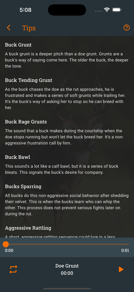 Screen showing various whitetail deer call descriptions and hunting tips