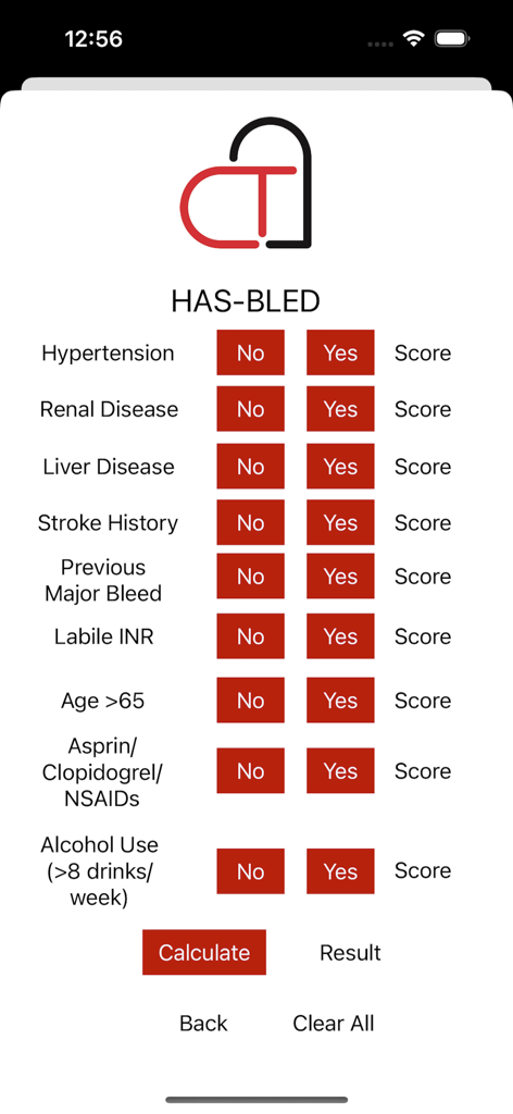 The Cardiac Calculator - Interface for the HAS-BLED bleeding risk calculator within the Cardiac Calculator app showing clinical criteria and selection buttons.