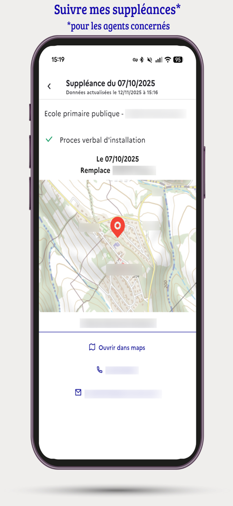 Mon portail RH - Écran mobile de l'application e-colibris affichant les détails et l'emplacement sur une carte pour une affectation d'enseignement de remplacement.
