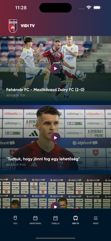 Vidi app - The Vidi TV section of the Fehervar FC app featuring soccer match highlights and player interviews
