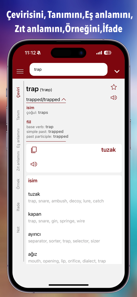 Entrada del diccionario de inglés a turco para la palabra 'trap' mostrando conjugaciones verbales y sinónimos en la aplicación móvil Ceviri Plus.