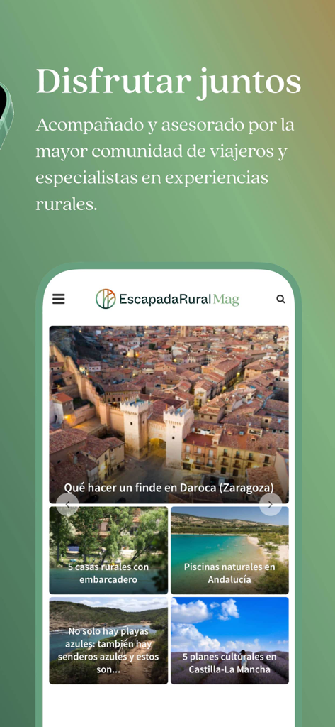 Interfaz de revista de la aplicación EscapadaRural mostrando guías de viaje y artículos para destinos rurales en España.