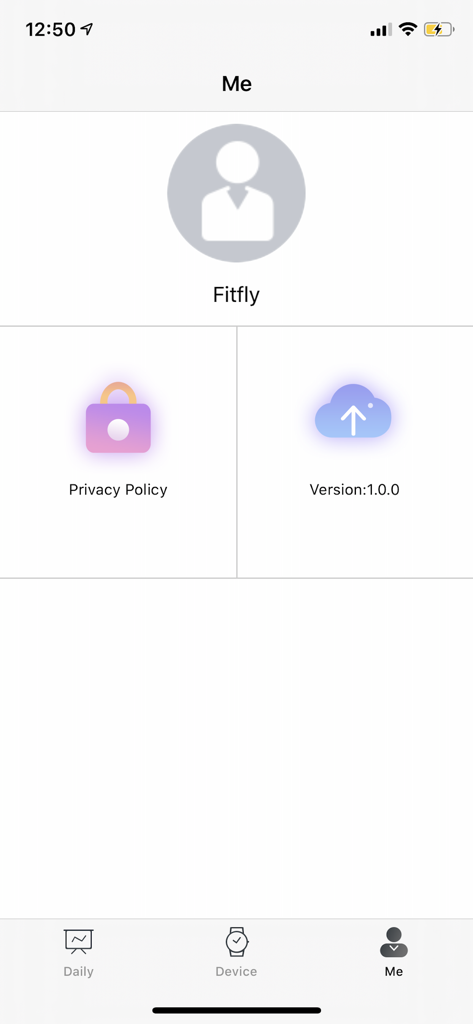 FitFly(US) - FitFly mobile app profile screen displaying user settings including privacy policy and app version