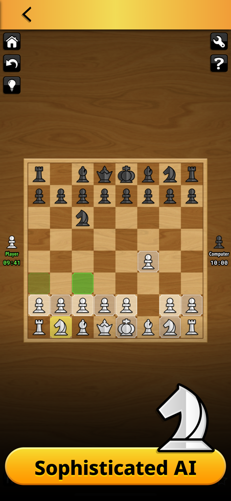 247 Games - Mobile chess game gameplay on a wooden board with a sophisticated AI banner.