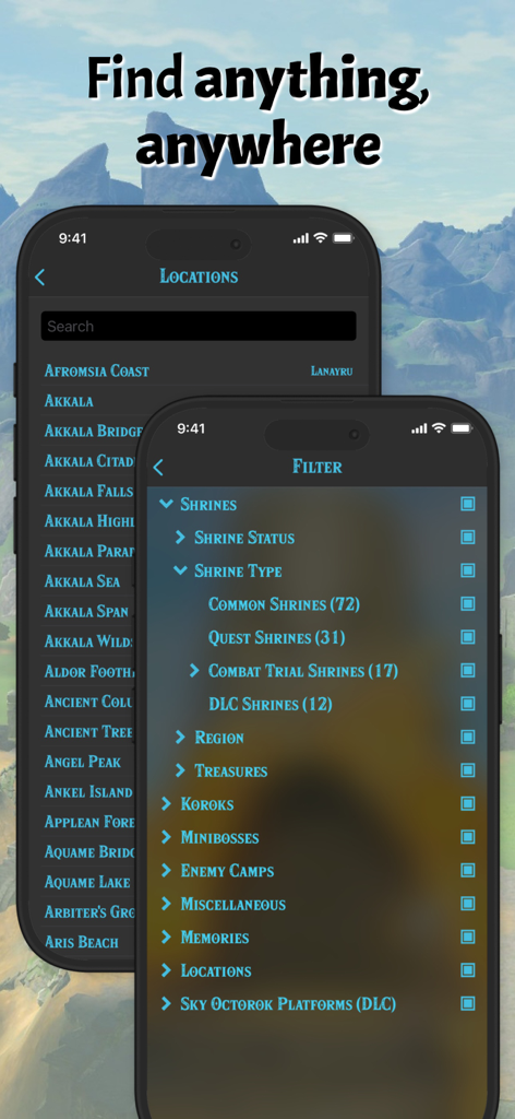 Mobile App-Oberfläche mit Standortsuche und detaillierten Filteroptionen für Schreine und Sammlerstücke in Breath of the Wild