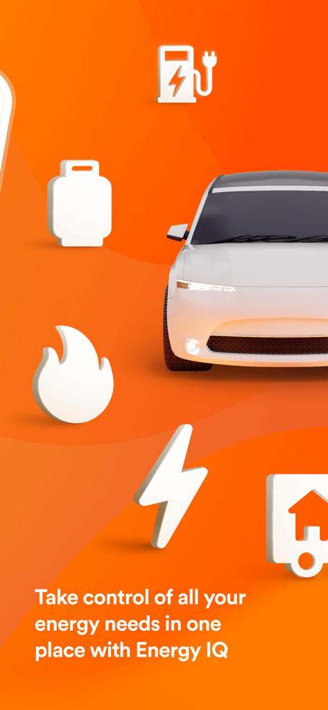 Energy IQ app screen with energy management icons for electricity gas and EV charging