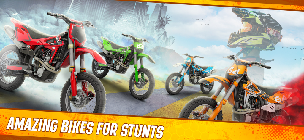 A lineup of colorful racing motorcycles for stunts in a city setting