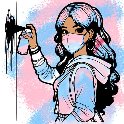 realistic girl with mask spray painting a wall