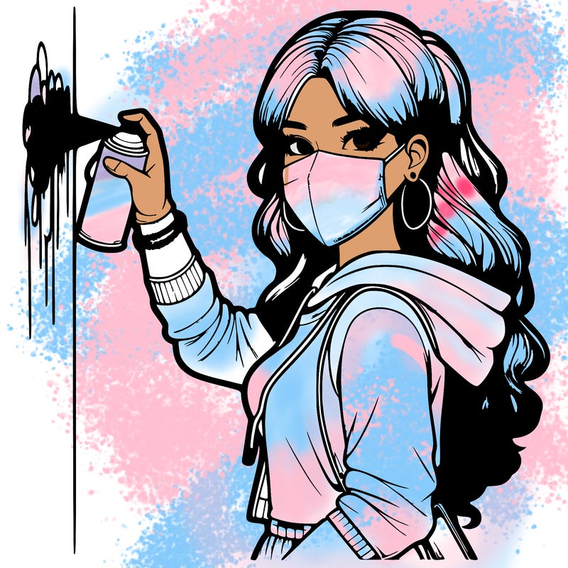 realistic girl with mask spray painting a wall