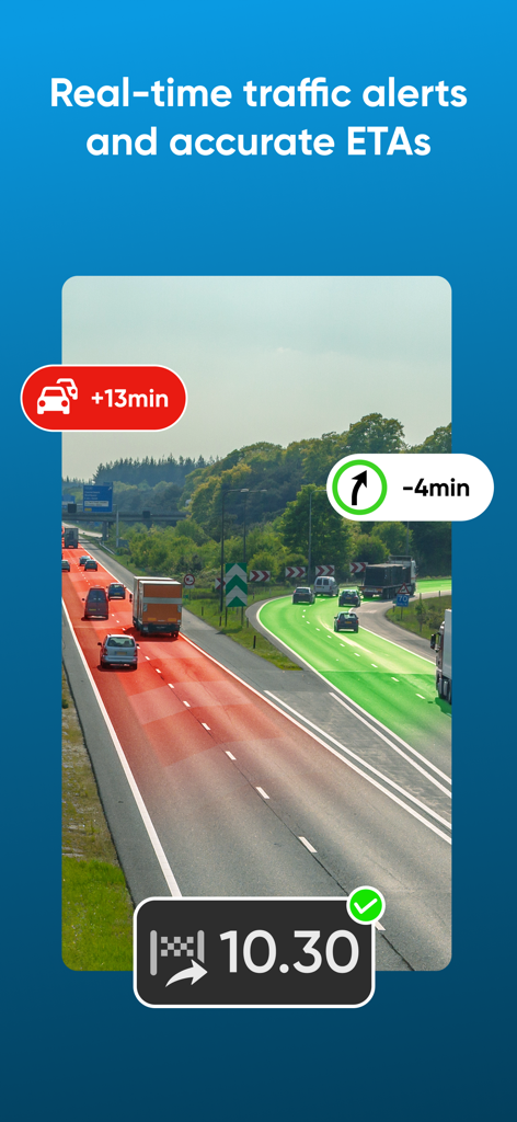 TomTom GO Expert: Truck GPS - Echtzeit-Verkehrswarnungen und genaue Ankunftszeiten auf einer Autobahnkarte, die Verzögerungen und schnellere Routen zeigt.
