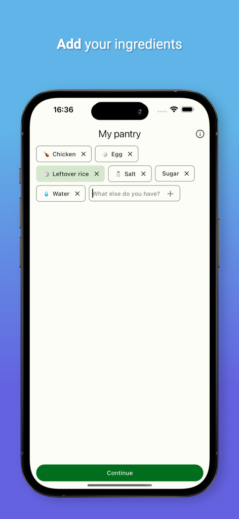 PantryChef app interface for adding ingredients to generate recipes
