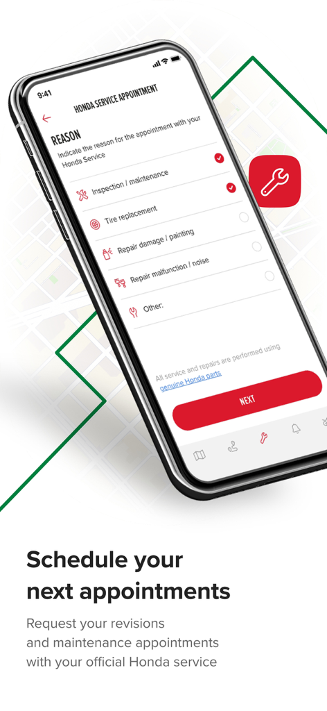 Smartphone screen showing the service appointment scheduling feature in the Honda Mapit app