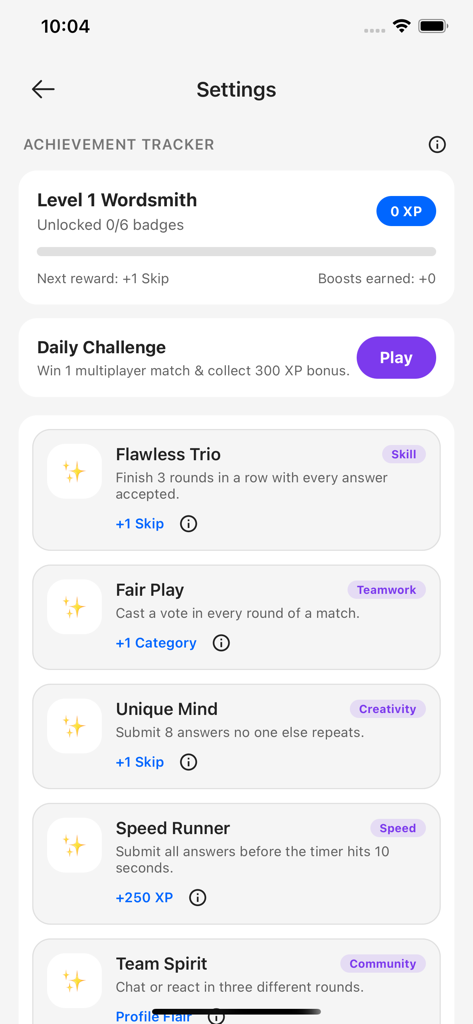 Name Place Animal Thing - Achievement tracker screen showing various reward badges and daily challenges in the Name Place Animal Thing app