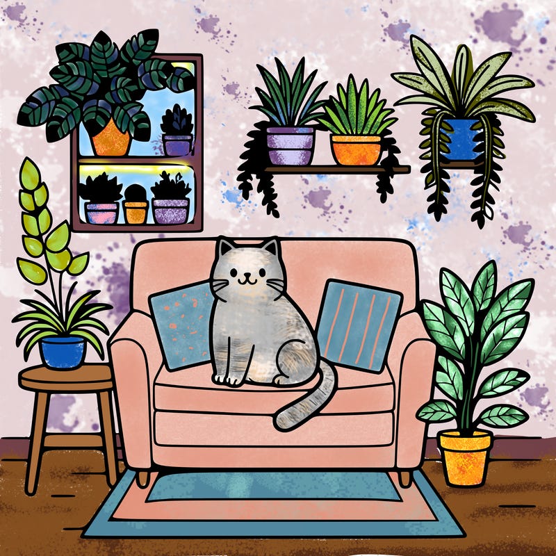 cat on a sofa in a room full of plants