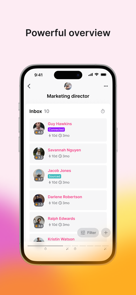 Teamtailor - Teamtailor mobile app interface showing a list of candidates with ratings and status for a marketing director position.