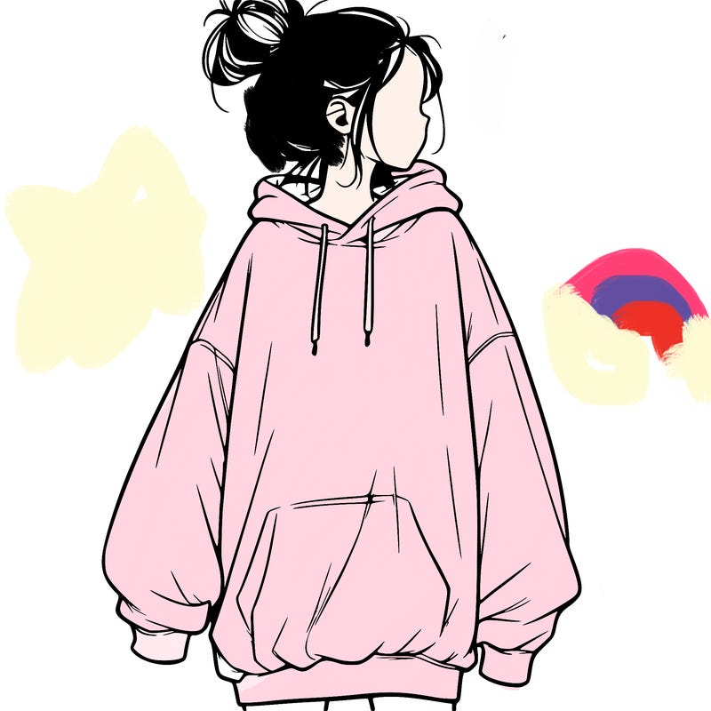 realistic girl with a oversized sweatshirt on and a bun