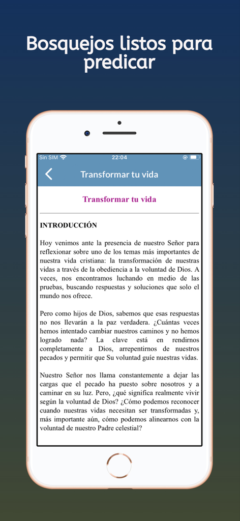 Biblia Kadosh en Español - Mobile screen showing the sermon outlines feature in the Biblia Kadosh app with a text titled Transform Your Life.