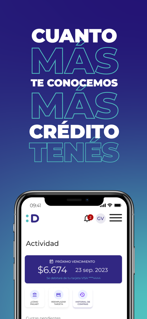 Pago Despuesモバイルアプリのスクリーンショット。ユーザーのクレジット活動と今後の支払い詳細が表示されています。