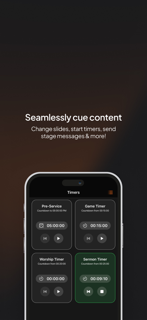 Interfaz de la aplicación ProPresenter Remote mostrando una lista de temporizadores de producción, incluidos los temporizadores de Pre-servicio, Juego, Adoración y Sermón