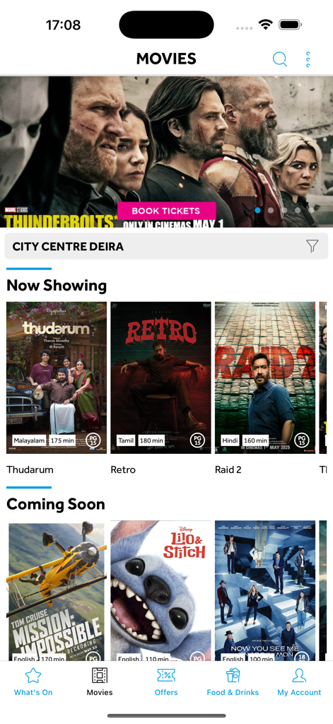 Interface of the VOX Cinemas app displaying movie posters for current and upcoming films including Hollywood and international titles.