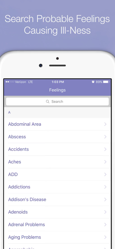Smartphone screen showing a searchable list of physical ailments and symptoms within the Feelings Buried Alive app interface