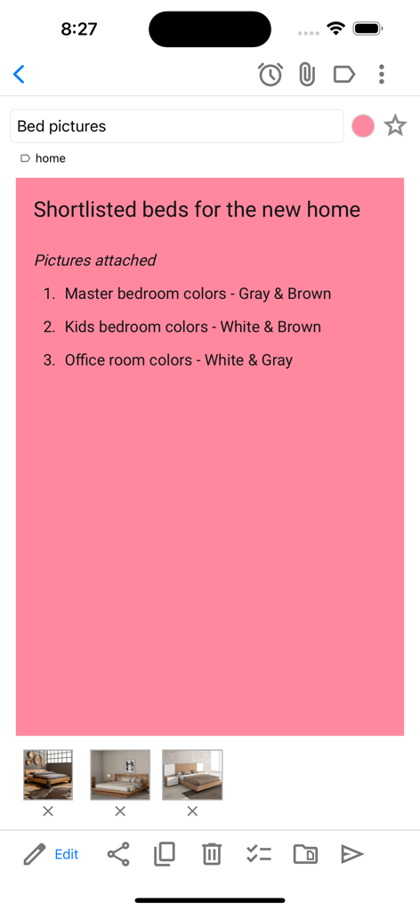 Notezilla - Notes & Reminders - Nota adhesiva rosa en la aplicación Notezilla para organización del hogar con fotos del dormitorio adjuntas