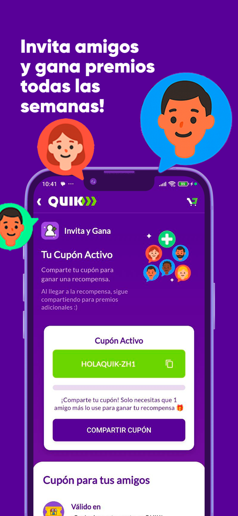 QUIK: Pago y Delivery - Interfaz de la aplicación QUIK mostrando el programa de referidos donde los usuarios comparten un código de cupón para ganar recompensas.