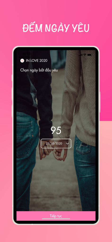 inlove - love counter - Pantalla de la aplicación inlove que muestra un contador de días de relación con una pareja tomándose de la mano de fondo