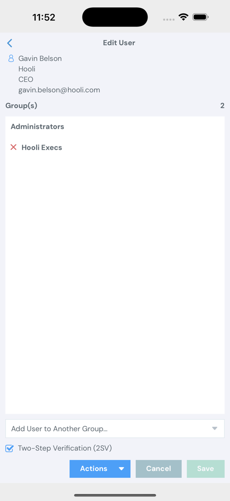 ShareVault mobile app interface for editing user details and managing group permissions