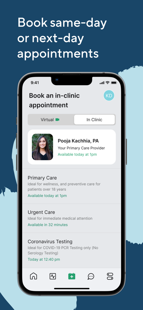 Carby Health mobile app interface showing same day appointment booking options for primary and urgent care.