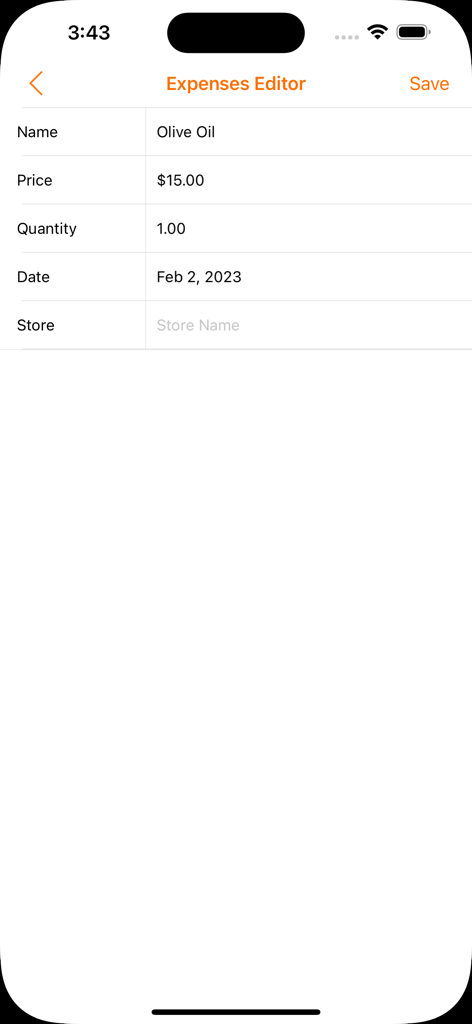 Expense entry screen in the Simple Family Accounting app showing olive oil purchase details