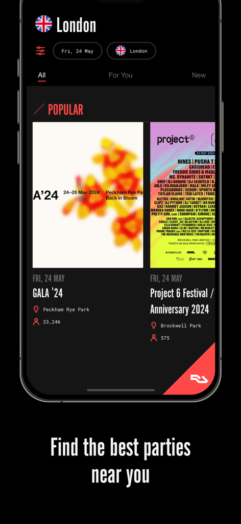 Screenshot of the RA Guide app showing popular electronic music festivals and parties in London