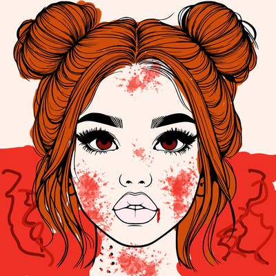 realistic girl with two buns on her hair and lips