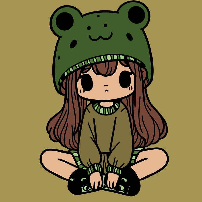a girl wearing a frog hat and some frog socks
