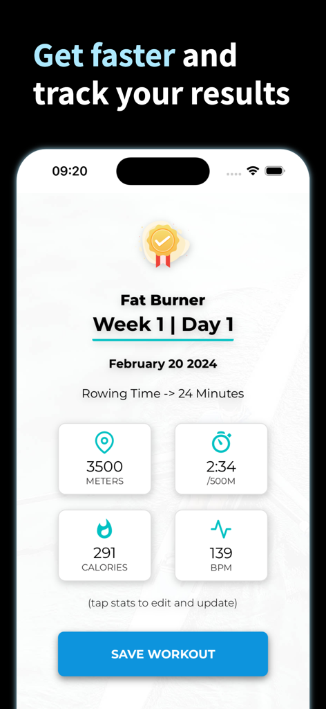 Rowing Machine Workouts - Rowing machine workout results screen showing distance, pace, calories, and heart rate.