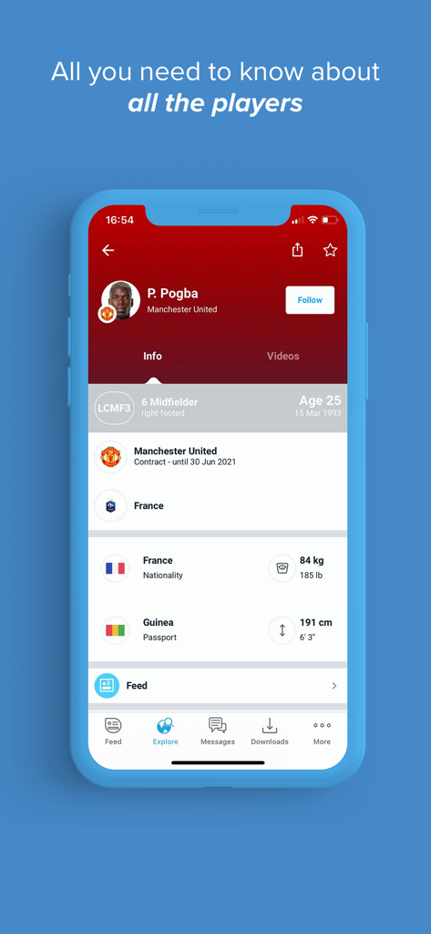 Professional football player profile on Wyscout app showing detailed physical stats and bio