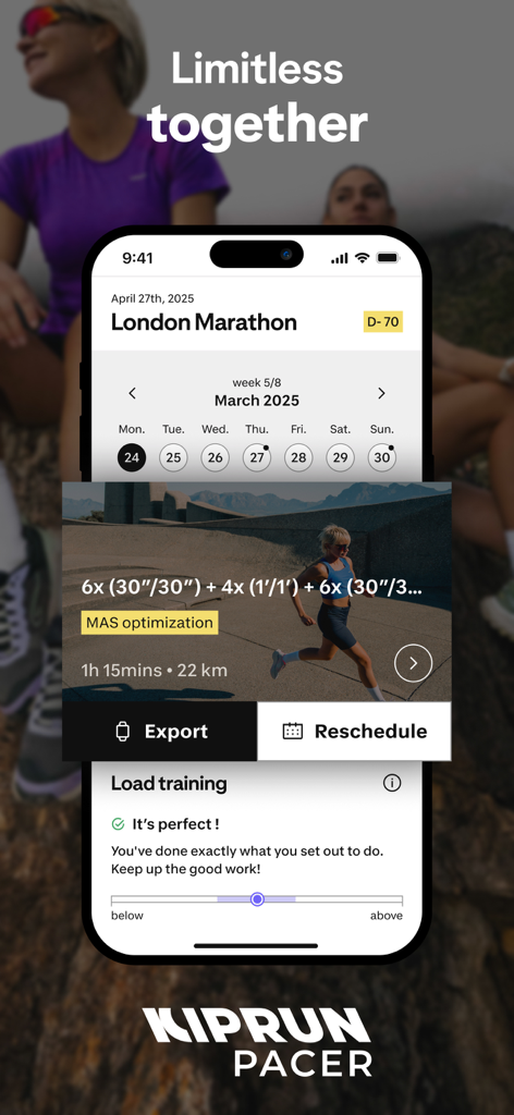 Kiprun Pacer Running - Kiprun Pacer app interface showing a London Marathon training schedule with workout details and export options
