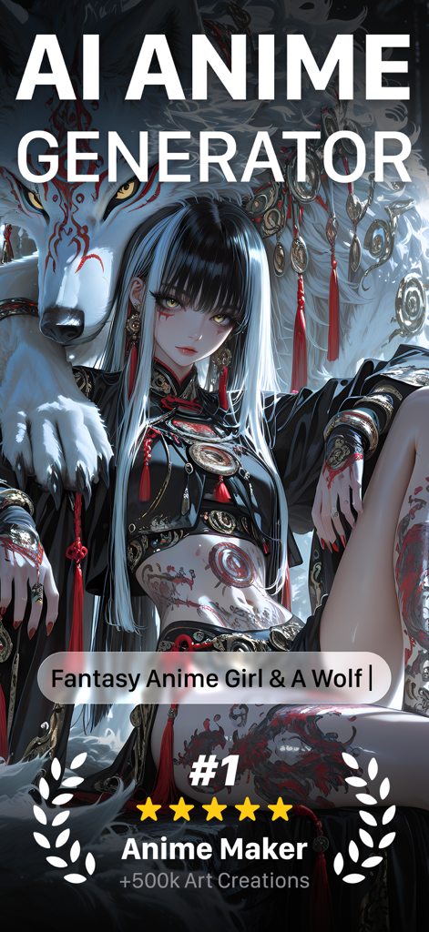 Anime Art: AI Photo Generator - AI-generated fantasy anime girl with black hair and red markings sitting with a large white wolf