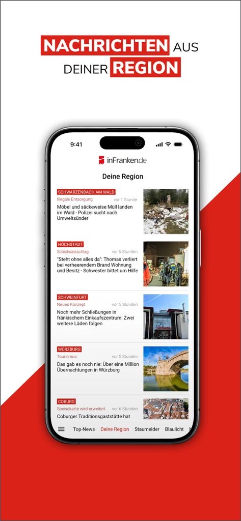 Smartphone mostrando la aplicación inFranken con titulares de noticias locales de la región de Franconia