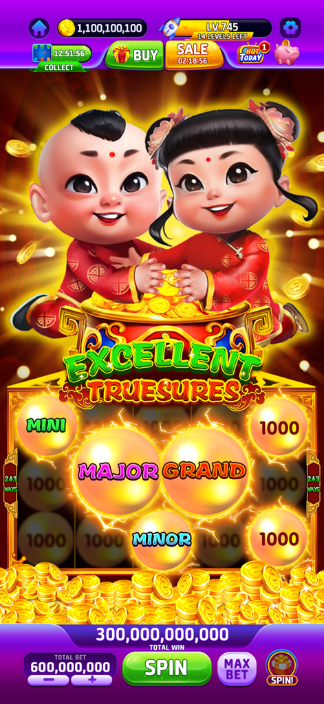 Buffalo Slots™-Casino Jackpots - Pantalla del juego Buffalo Slots mostrando la máquina tragaperras Excellent Treasures con una enorme ganancia de monedas y personajes infantiles de la suerte