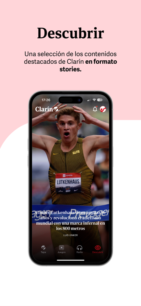 Clarín.com - Clarin app interface displaying featured news content in a vertical stories format