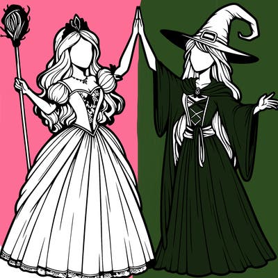 detailed realistic split of a princess and a witch