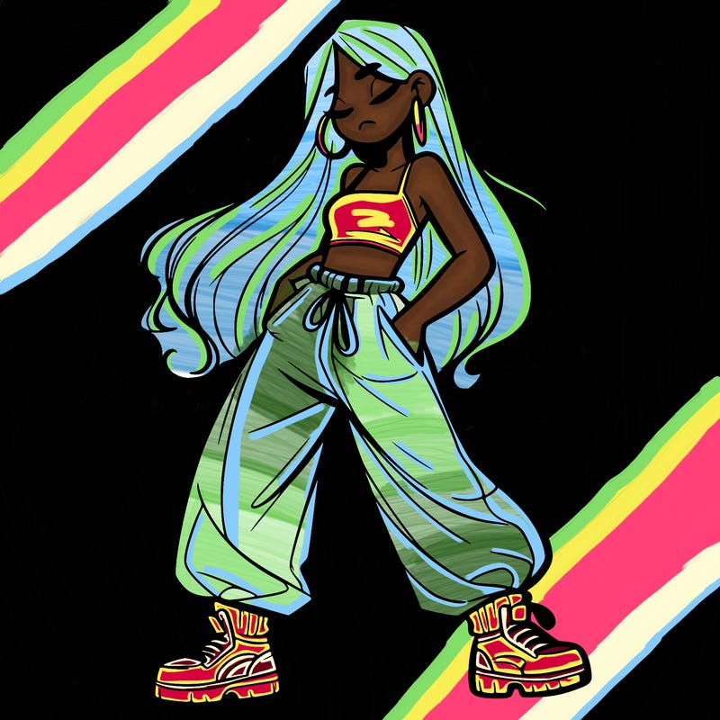 girl in baggy pants crop top and long hair